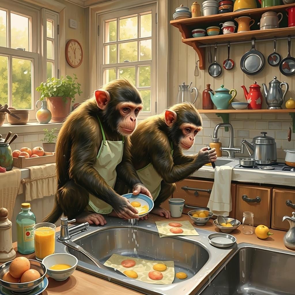 A monkey washing dishes in a kitchen.