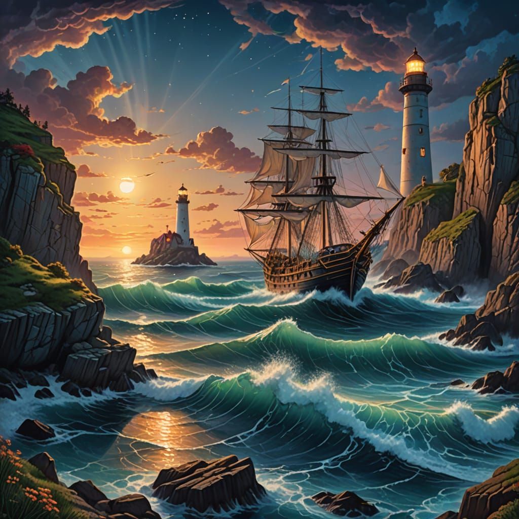 Sailing Ship Meets Lighthouse at Sunset
