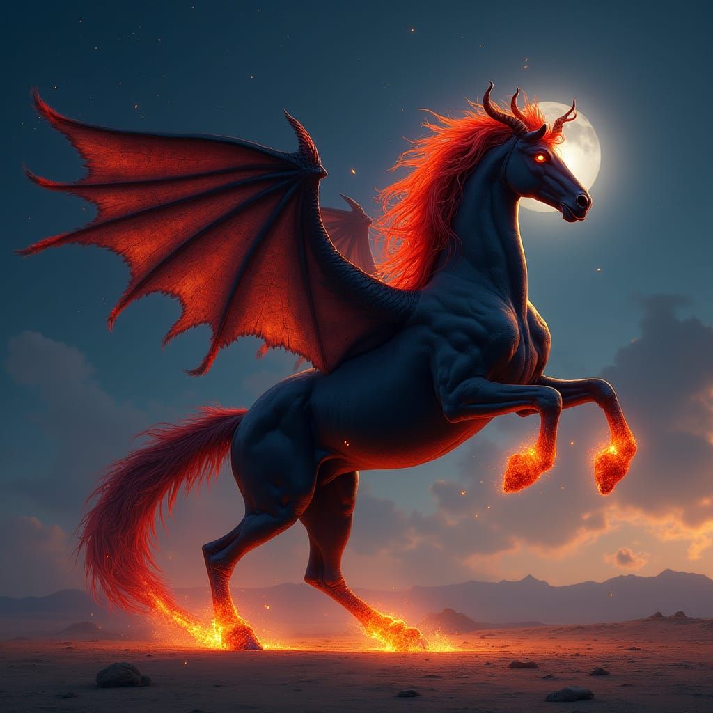 Majestic Fiery Black Horse with Dragon Wings and Horns