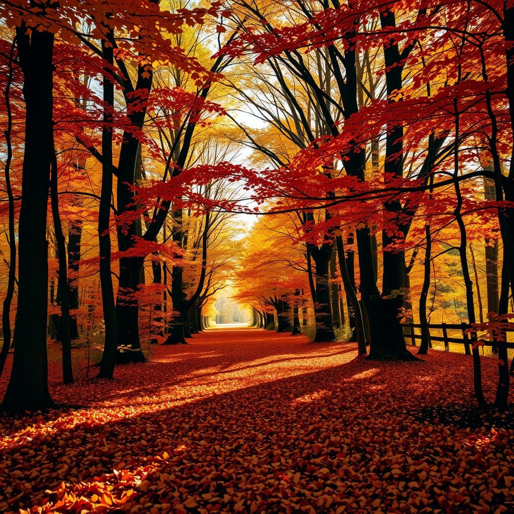 Enchanting Autumn Forest Path in Fiery Colors
