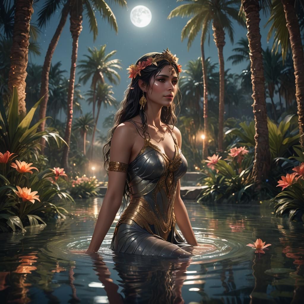 Ishtar in Moonlit Oasis: Fantasy Concept Art