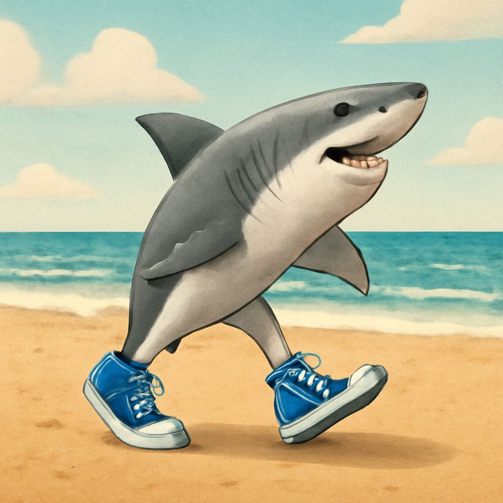 Shark in Blue Sneakers Walks on Beach