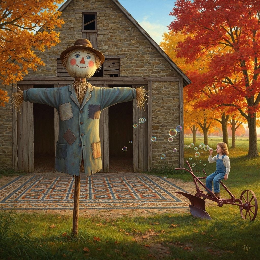 Pre-Raphaelite Scarecrow in Autumn Farmyard