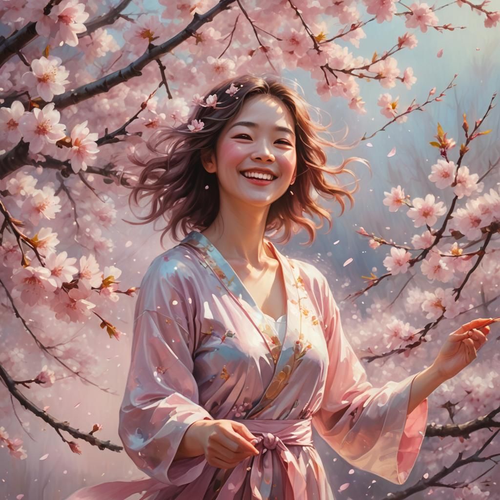 Woman Surrounded by Cherry Blossoms in Impressionist Style