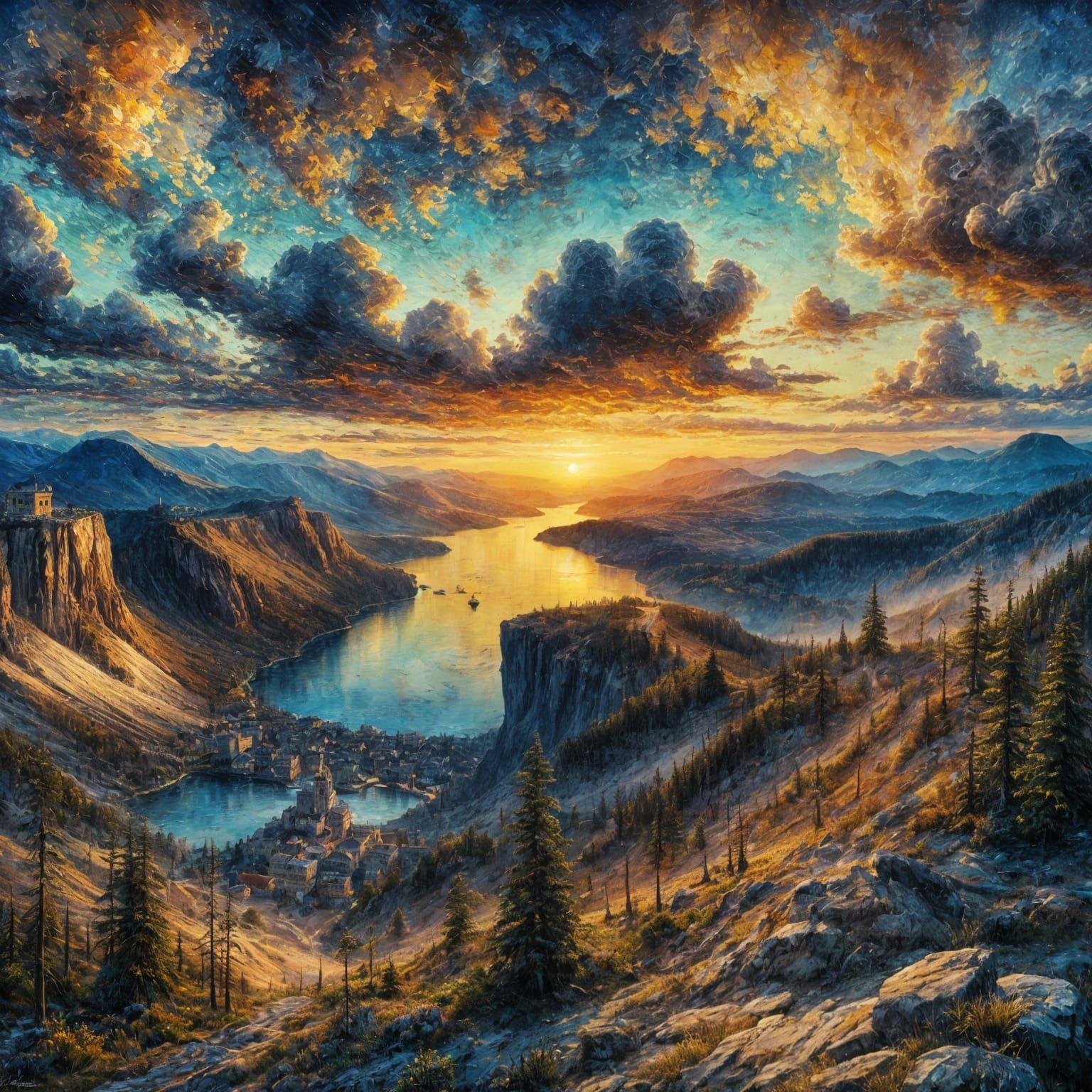 Dramatic Post-Sunset Landscape in Mixed Media