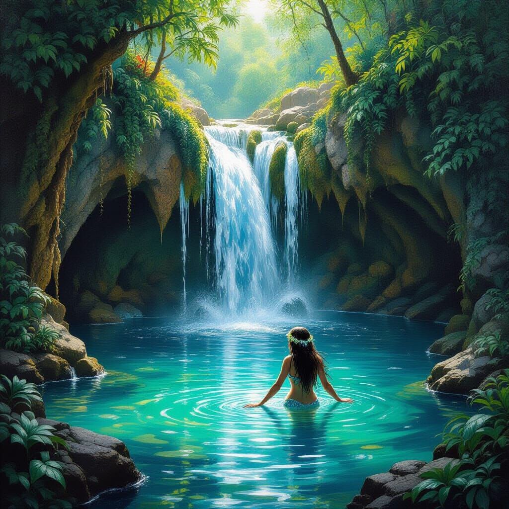 Enchanting Waterfall Grotto in Oil Painting Style