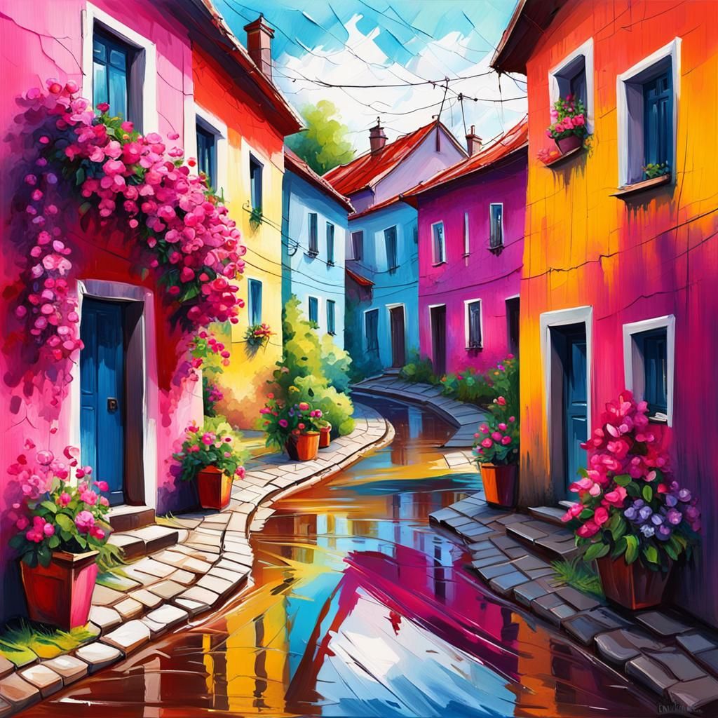 Colorful Village Street Scene after Rain, Impasto Style
