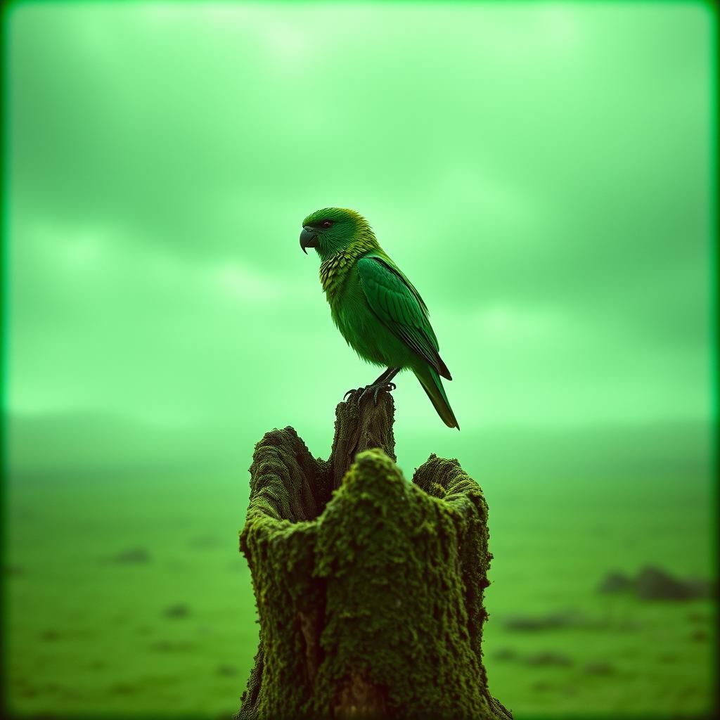 Majestic Green Bird in Surreal Emerald Landscape