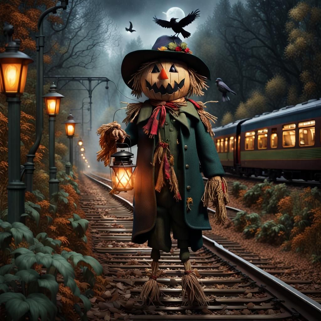Scarecrow with Fairy Lantern in Fantasy Train Station