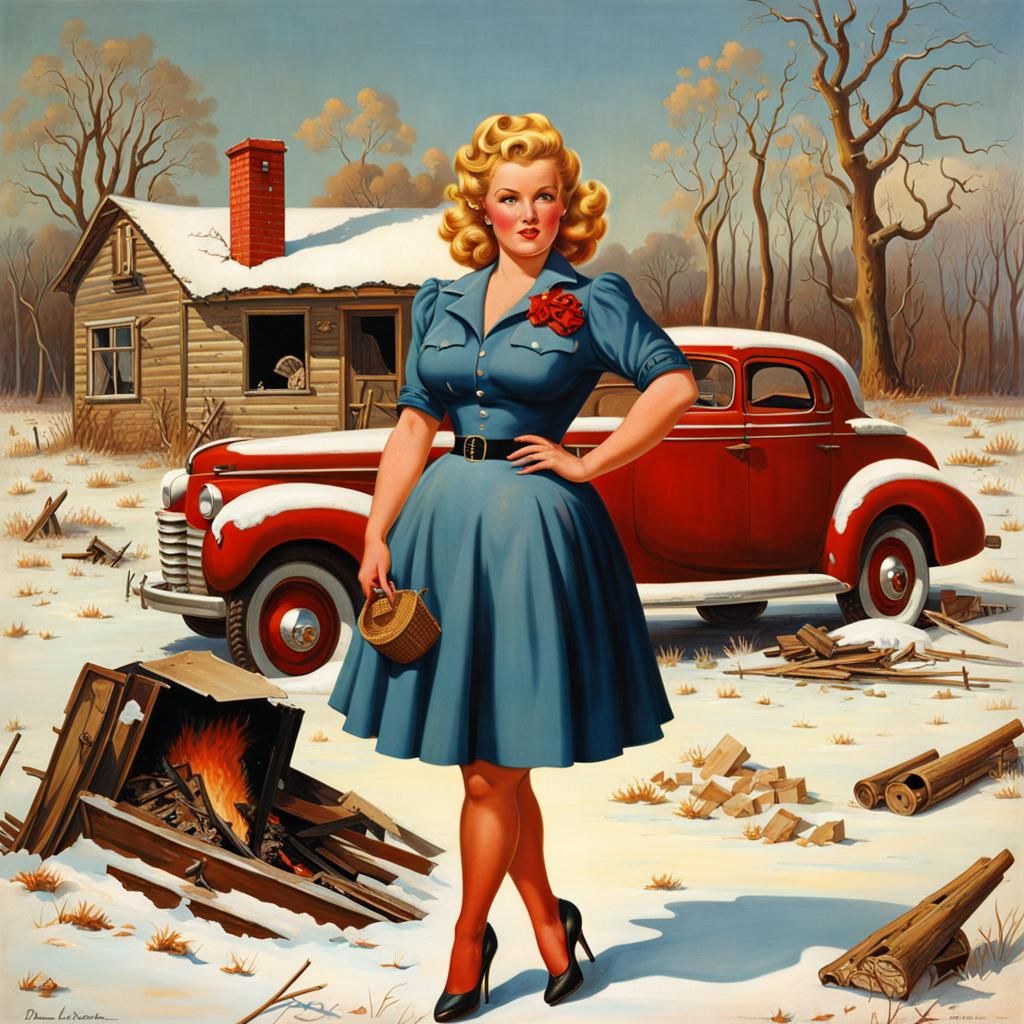 Pinup Girl in Snowy Field, Vintage Americana Style