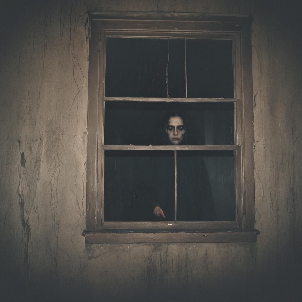 Ominous Figure Lurks in the Shadows of a Haunted House Windo...