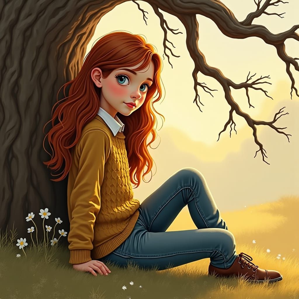 Girl Under Tree in Impressionist Style