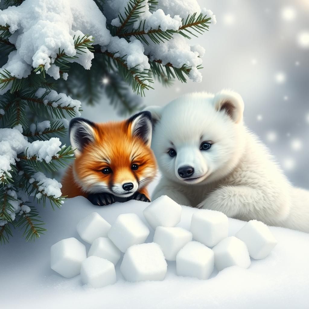 Fluffy Fox and Bear Cubs in Winter Wonderland