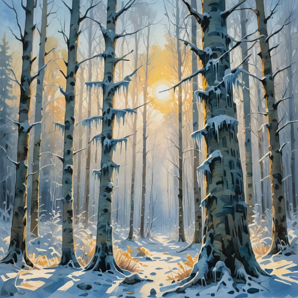 Icy Forest in Impressionistic Gouache Style