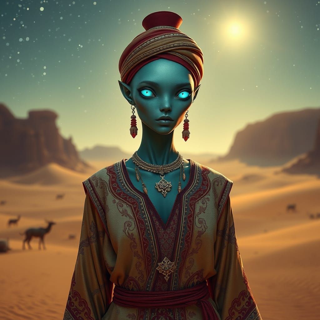 Ethereal Alien Goddess in Ottoman-Inspired Regalia Under Sta...