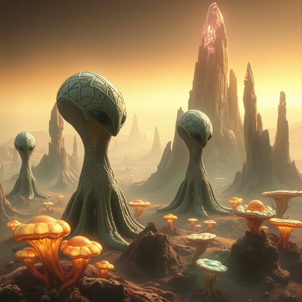 Surreal Alien Landscape with Geometric Landers