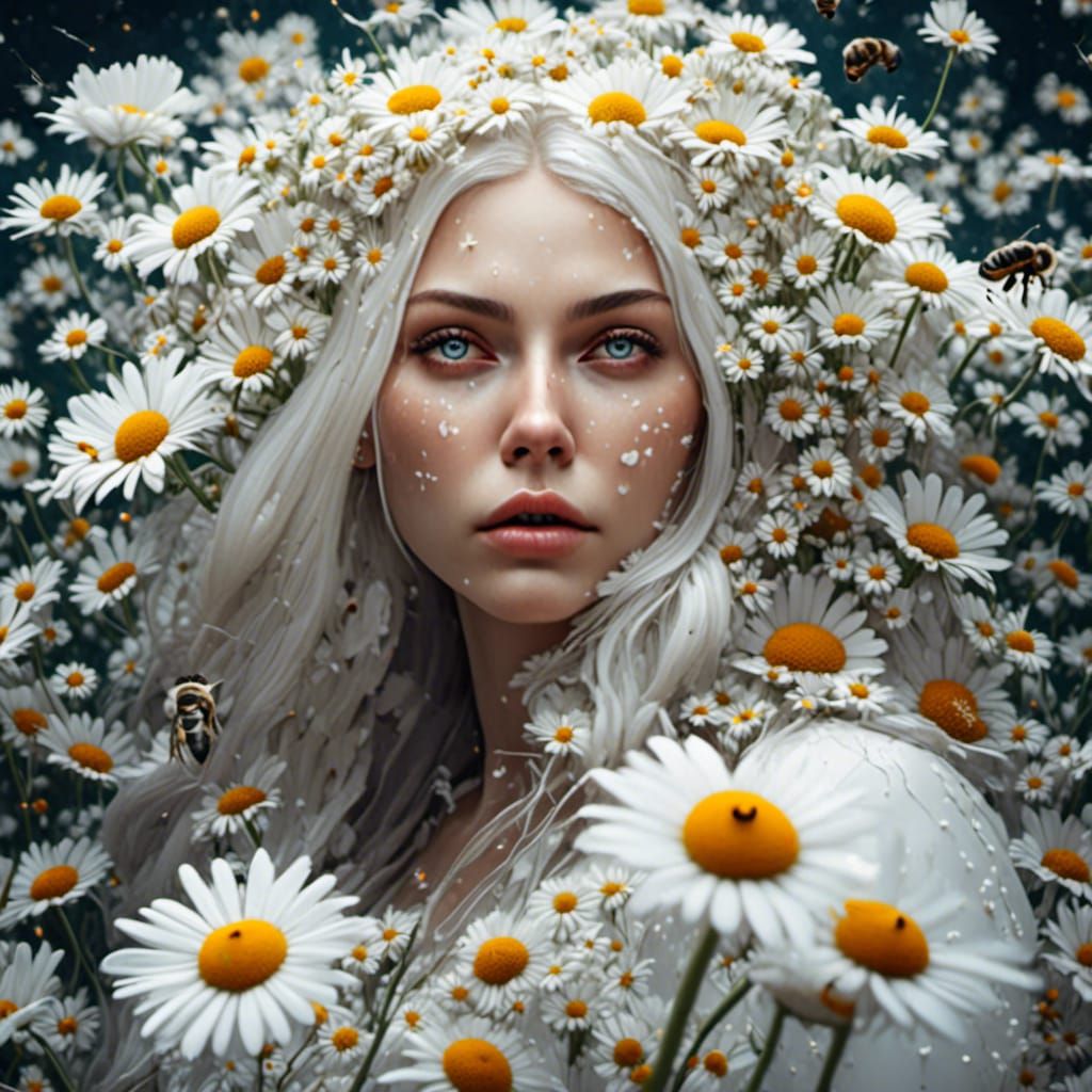 Hyperrealistic Goddess in a Floral Bee Swarm