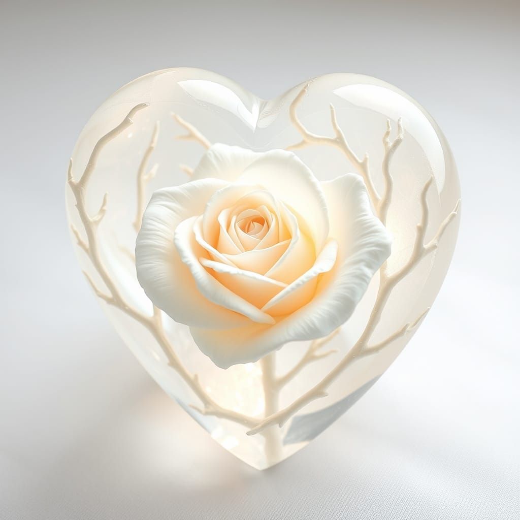 Crystal Heart with Blooming White Rose