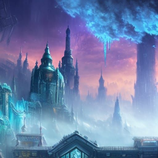 Steampunk City Frozen Under Colorful Nebula Clouds