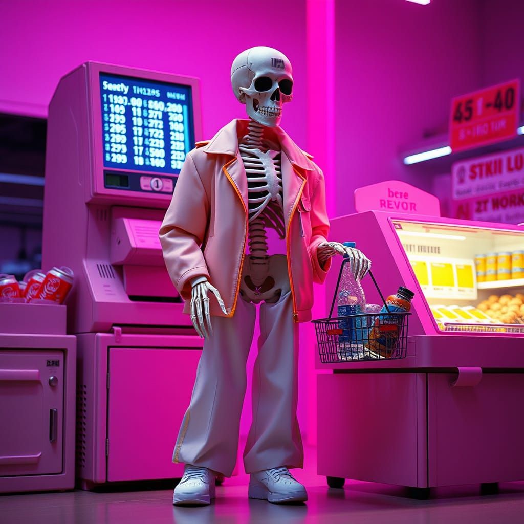 Skeleton Shopping with Groceries in Retro-Futuristic Store