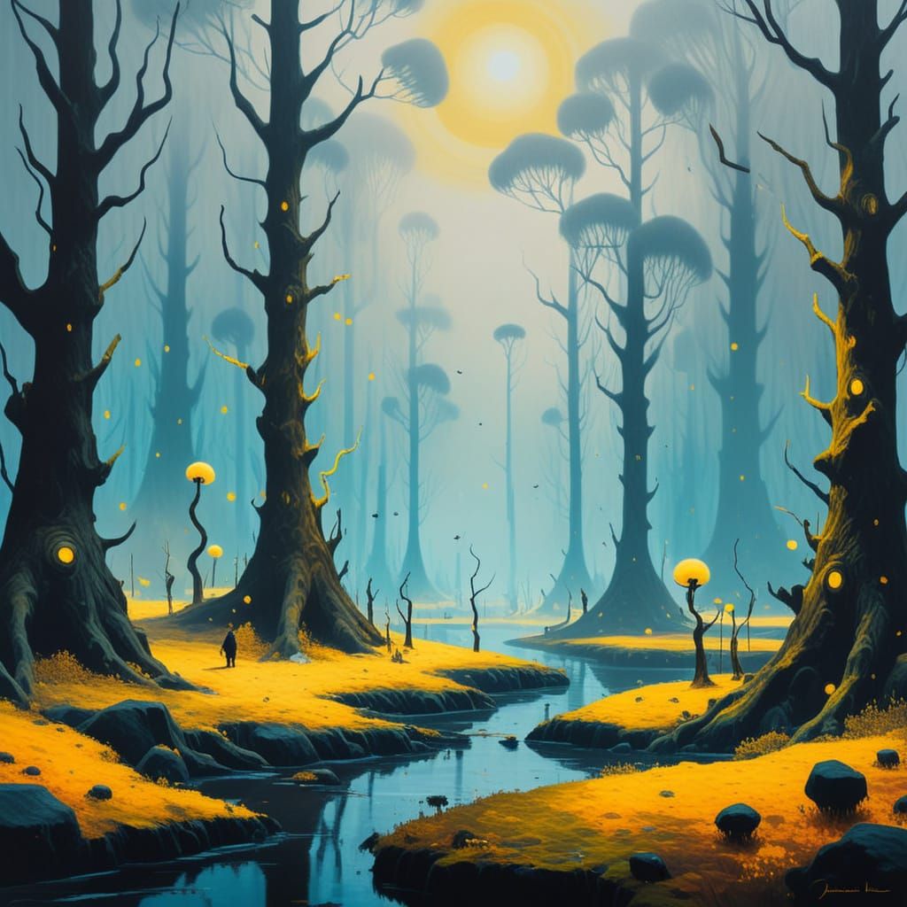 Enchanted Forest Roamed by Shadowy Creatures as Impasto Pain...