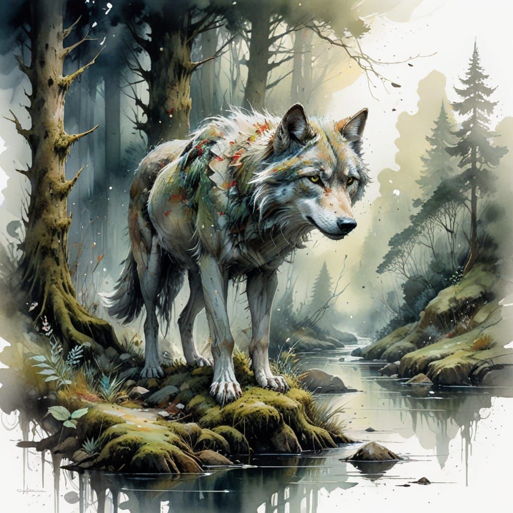 Wolf's Twilight Journey: A Watercolour Fusion