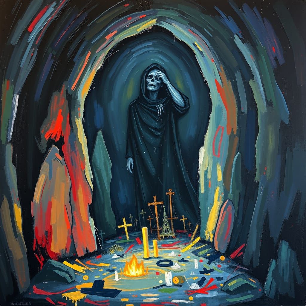 Haunting Figure in Crypt, Neo-Expressionist Painting