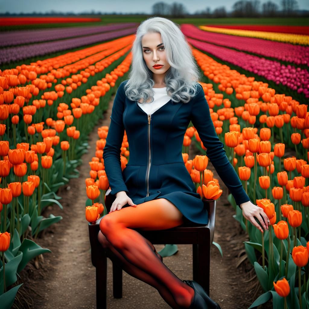 Woman with Grey Hair in Tulip Field: Hyperrealistic Fashion