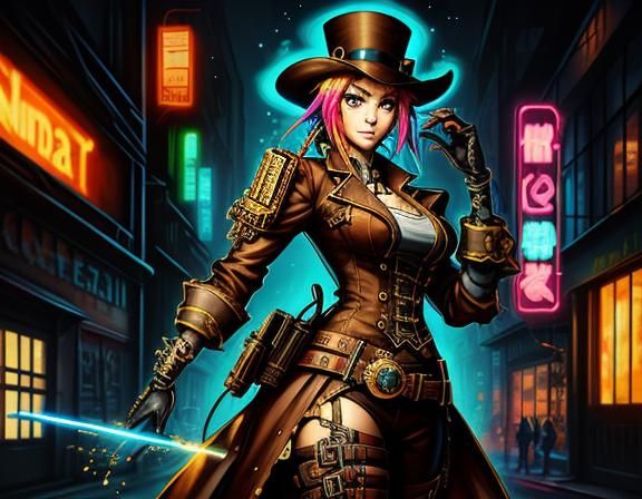 Steampunk Anime Character in Neon City