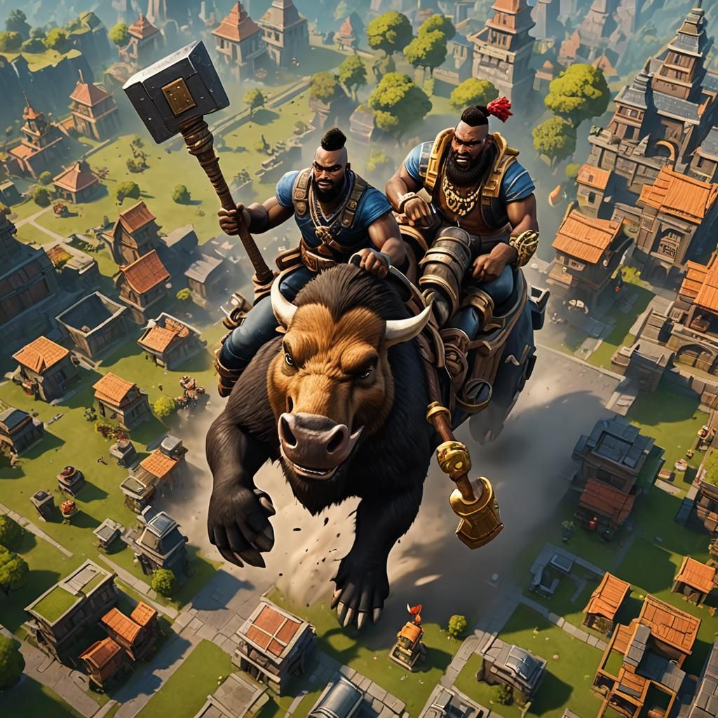 black man with mr. T haircut and clothes riding a giant hog holding a hammer like clash of clans.