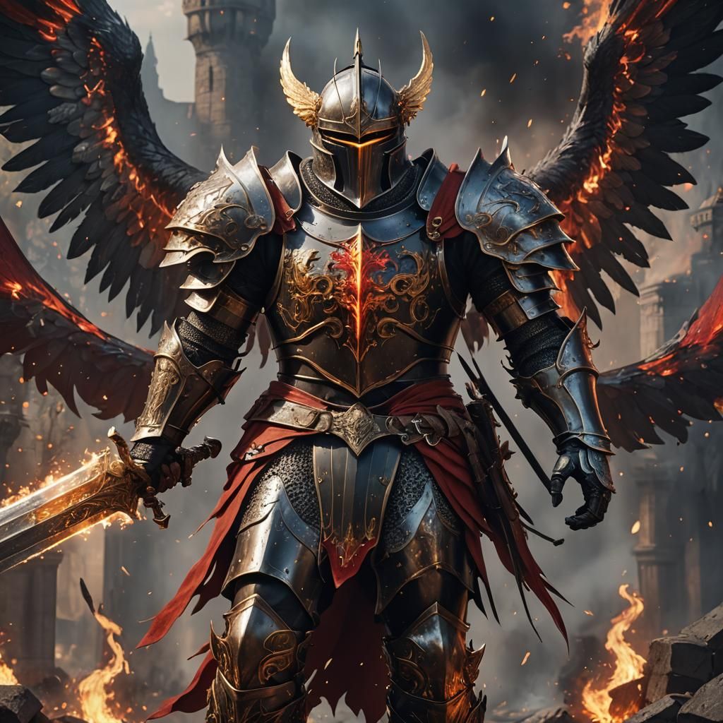 Fiery Winged Knight in Ornate Armor
