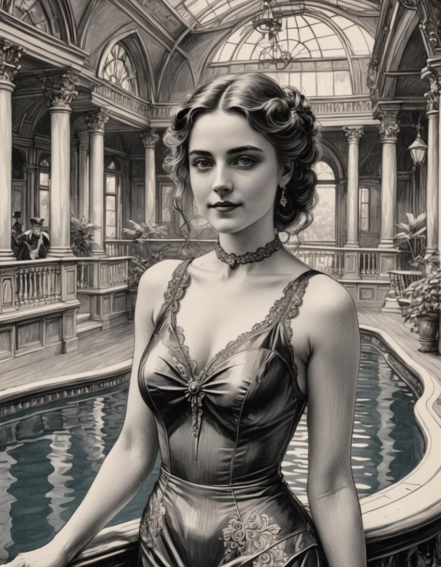 Victorian Woman at Indoor Pool: Pen Sketch Portrait