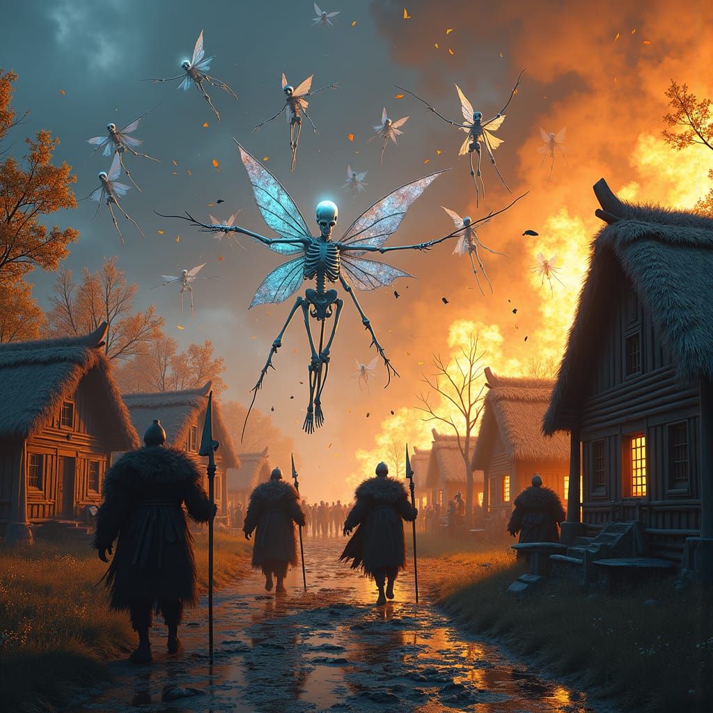 Fairy Skeletons Clash with Vikings in Art Nouveau Style