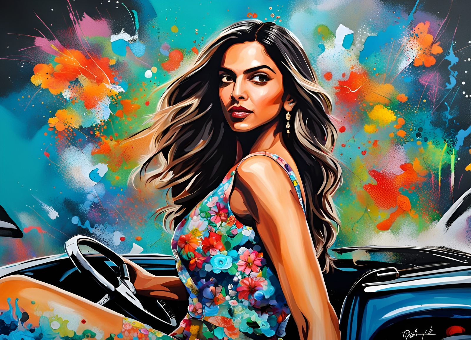 Deepika Padukone in Floral Dress Driving Convertible: Graffi...