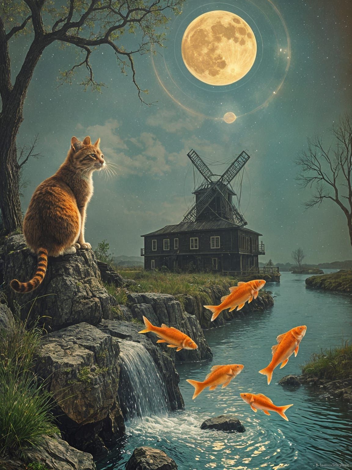 Cat Observes Vibrant Fish in Dreamlike Water Wheel Scene