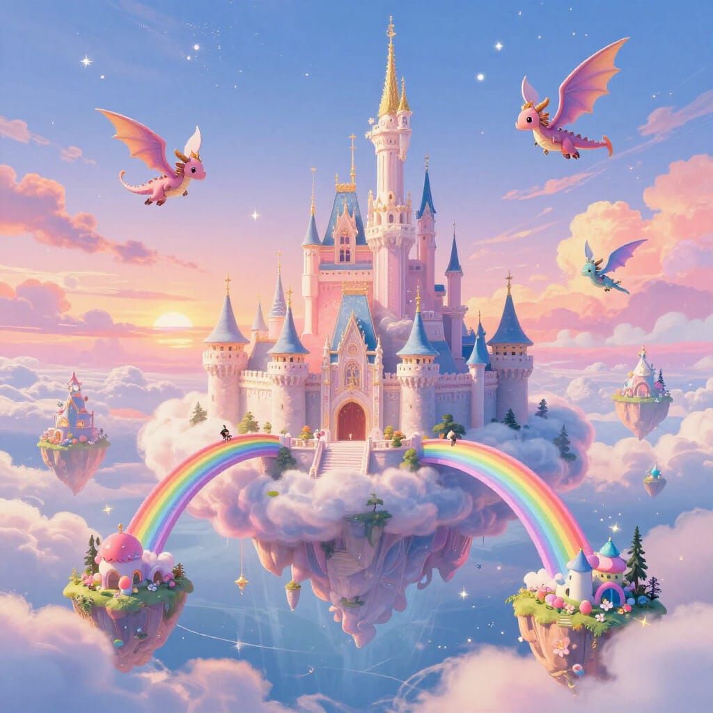 Majestic Cloud Castle with Rainbow Bridges and Tiny Dragons