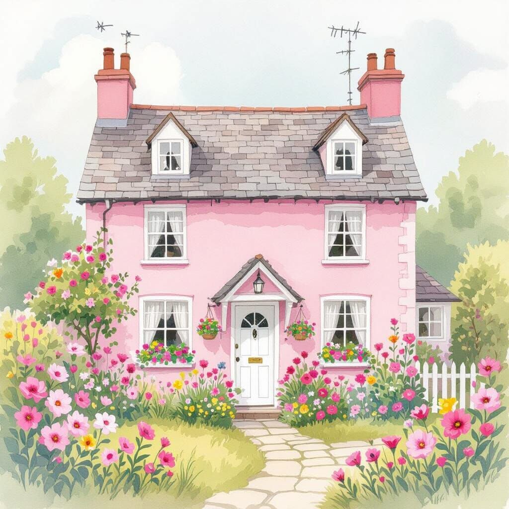 Charming Pink House in Watercolor Flower Garden