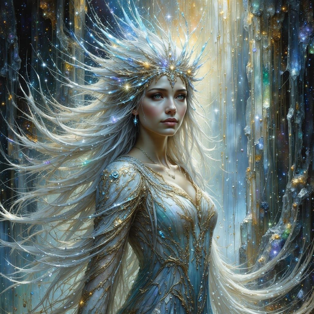 Elven Queen in Crystal Cave Art Nouveau Style