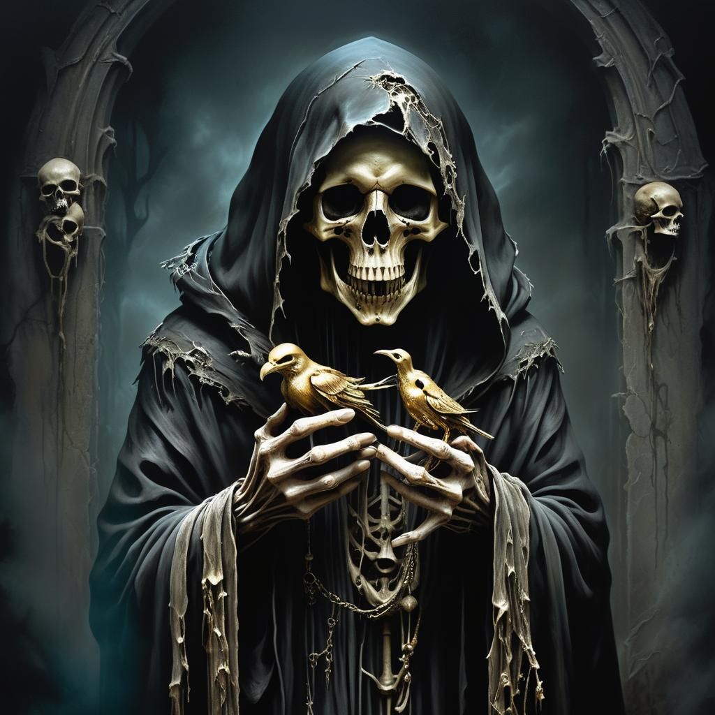 Ethereal Grim Reaper Holding Golden Bird