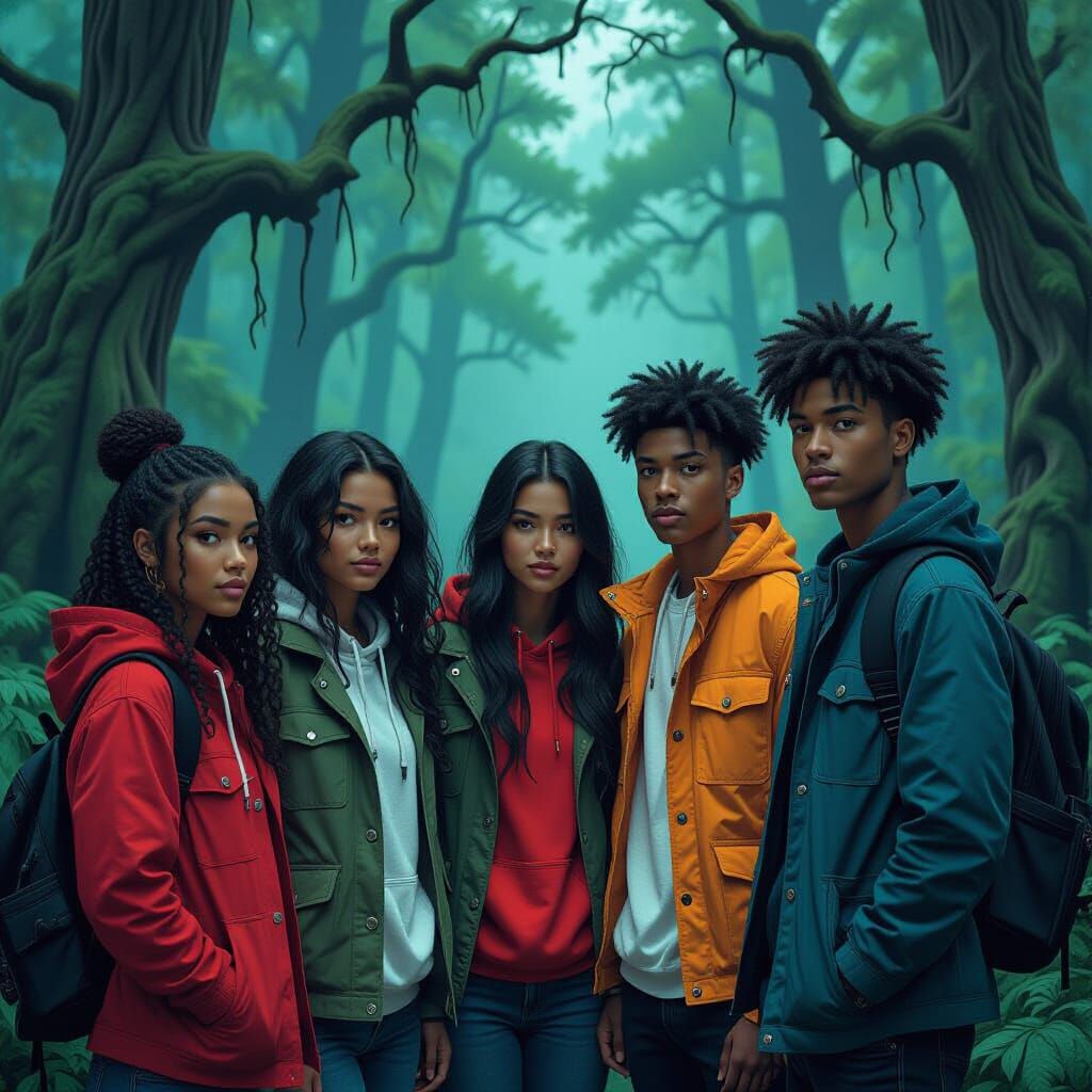 Five Teens in Ominous Forest, Dark Mystical Style