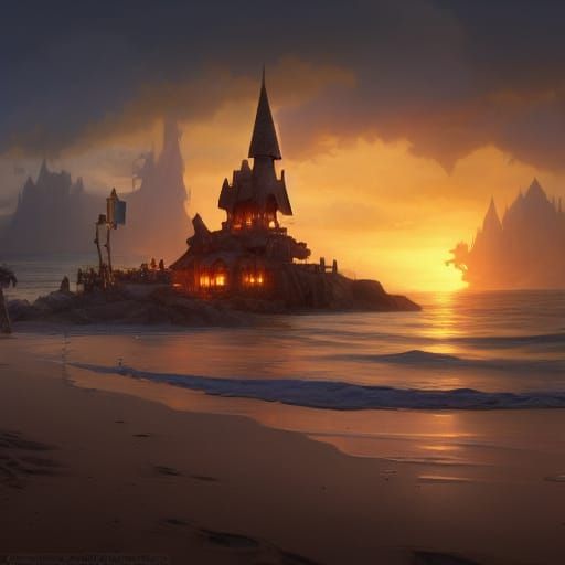 Sandcastle Cottage Sunset: Hyperdetailed Digital Art