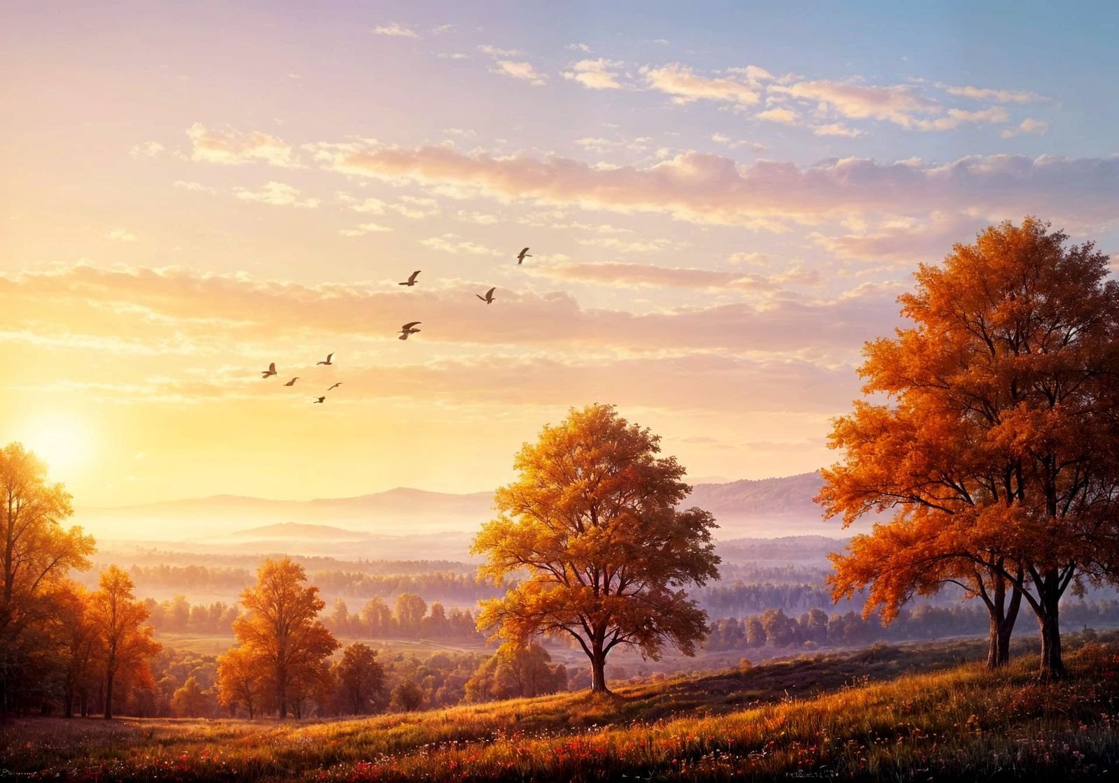 Romantic Realism: Golden Autumn Sunrise Landscape