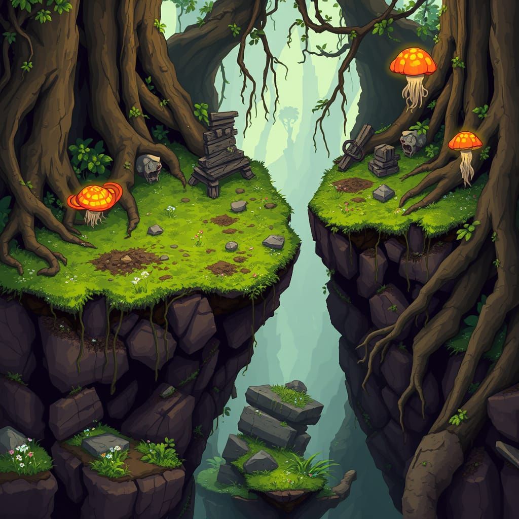 Mystical Goblin Forest Ground in Whimsical 2D Pixel Art