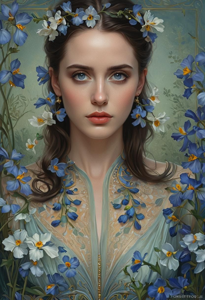 Blue-Eyed Goddess Portrait in Art Nouveau Style