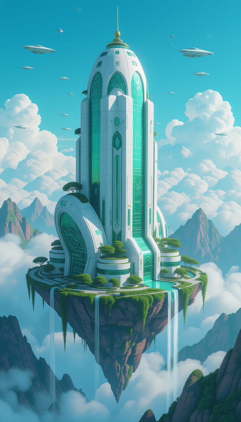 Majestic Conch Skyscraper on Floating Island in Cyberpunk St...