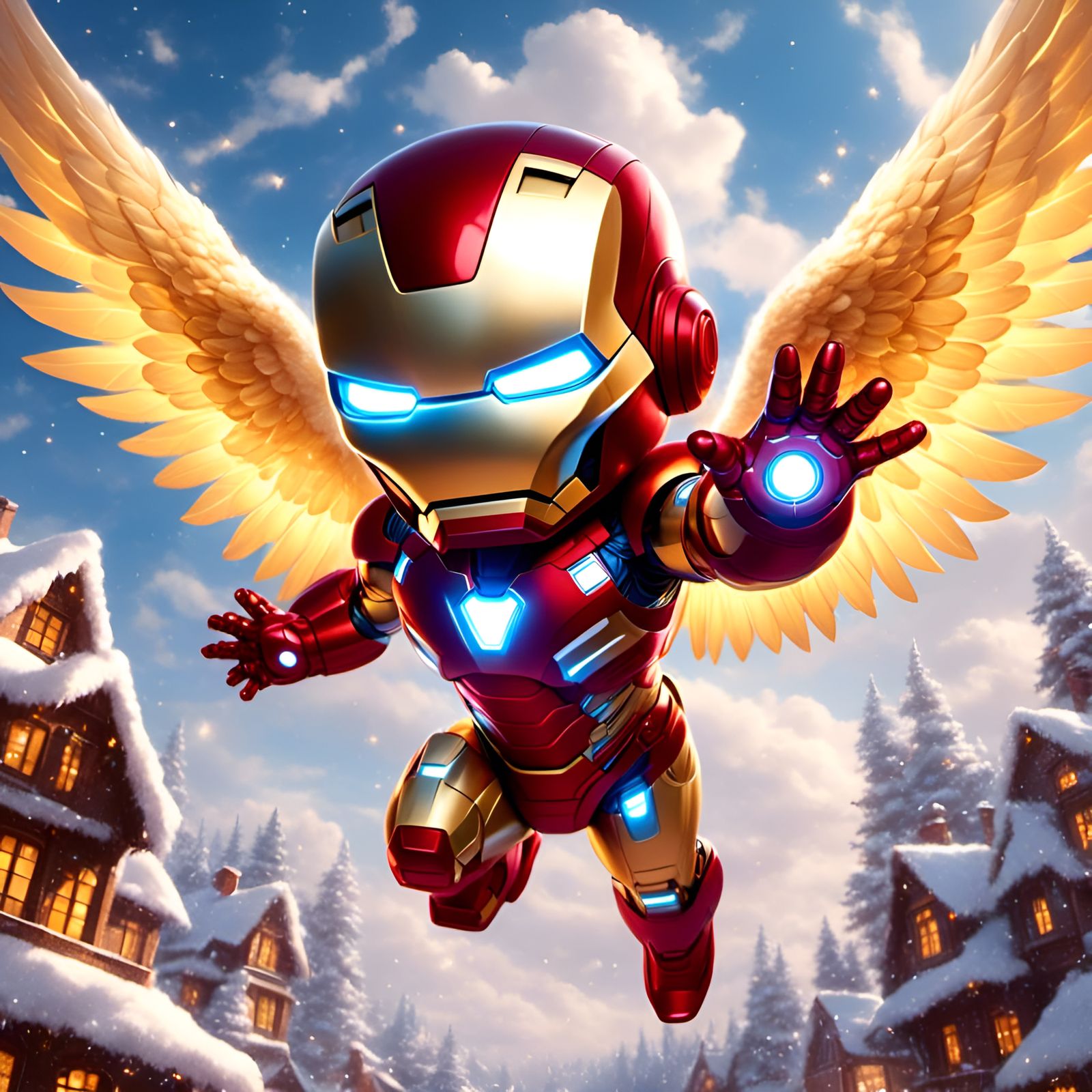 Festive Iron Man Angel Carols in Animated Style