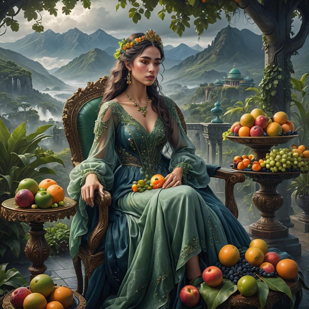 Girl with Exotic Fruit in Misty Landscape