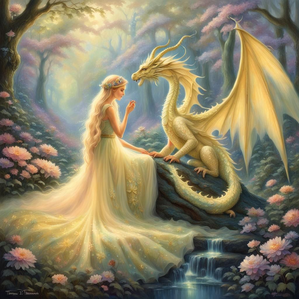 Fairy and Dragon in Flowery Forest, Hyperrealistic Style