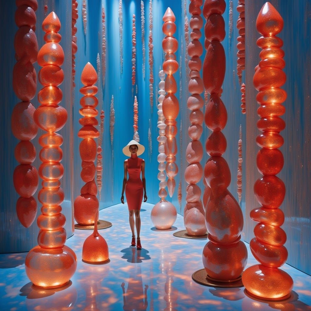 Surreal Woman Walks Through Crystal Amber Forest