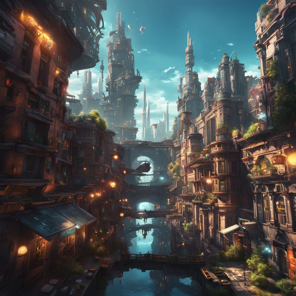Vibrant Solarpunk Cityscape with Intricate Details and Fanta...
